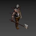 Game and Movie Character in Metal Armor with Helmet Holding Sword and Spikes on Back