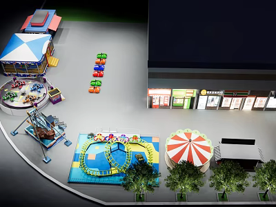 Vibrant Children's Playground With Carousel Water Slide Colorful Slides Shops And Trees 3d model