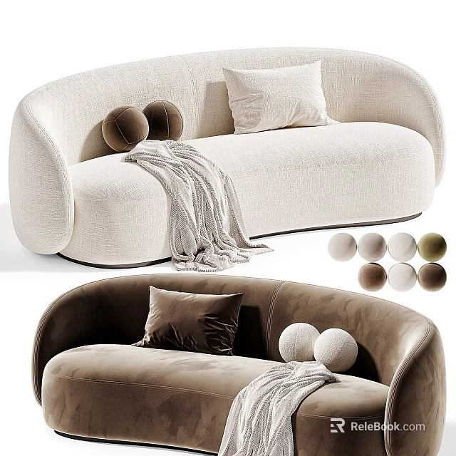 Modern Curved Upholstered Multi Seater Living Room Sofa With Decorative Pillows And Cozy Throw Blankets 3d model 