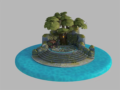 Cartoon Scene Of Island With Tall Trees Stone Steps Blue Water And Decorative Structures 3d model