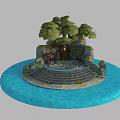 Cartoon Scene Of Island With Tall Trees Stone Steps Blue Water And Decorative Structures