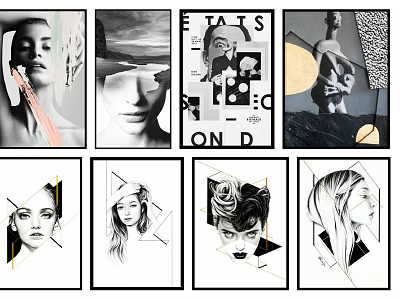 Modern Abstract Portrait Paintings With Black And White Geometric Shapes And Female Facial Features 3d model