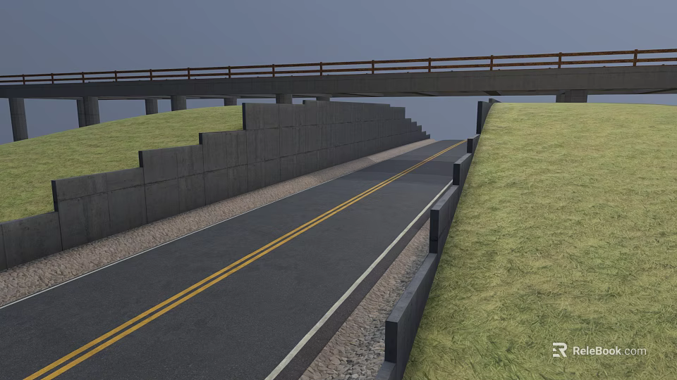 Urban Asphalt Road With Yellow Lines Under Bridge And Concrete Wall Along Green Grass 3d model 