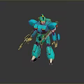 Turquoise Robot Game Movie Character With Weapons In Standing Pose On Reflective Background