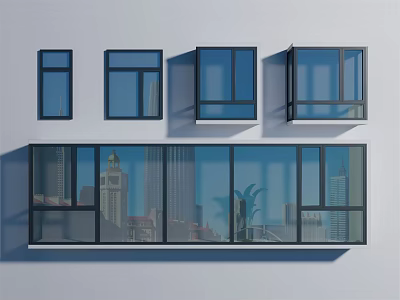 Modern Floor to Ceiling Windows Design With Urban City Skyline And Glass Panels 3d model