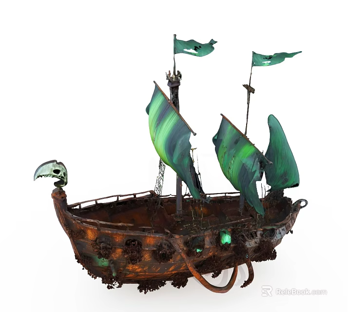 Rusty Wooden Ship With Green Sails And Glowing Elements Carved Figurehead 3d model 