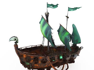 Rusty Wooden Ship With Green Sails And Glowing Elements Carved Figurehead 3d model
