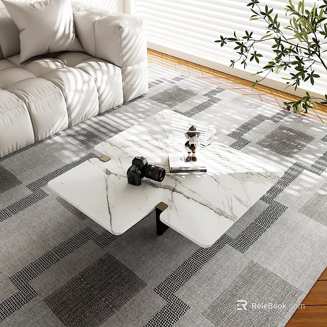 Modern Marble Coffee Table with Camera Books on Patterned Rug Near Sofa in Sunlight 3d model