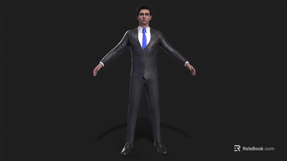 Man in Dark Suit With Blue Tie Standing on Black Background Arms Outstretched 3d model 