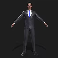 Man in Dark Suit With Blue Tie Standing on Black Background Arms Outstretched