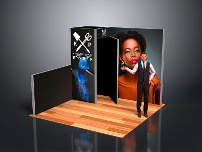 Modern Exhibition Booth Interior With Wooden Floor Black Walls Hair Styling Tools Icons And Model 3d model