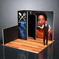 Modern Exhibition Booth Interior With Wooden Floor Black Walls Hair Styling Tools Icons And Model
