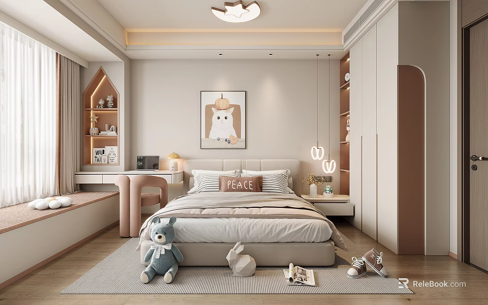 Modern Bedroom Interior With Bed Stuffed Toys Cat Painting Bookshelf And Rug 3d model 