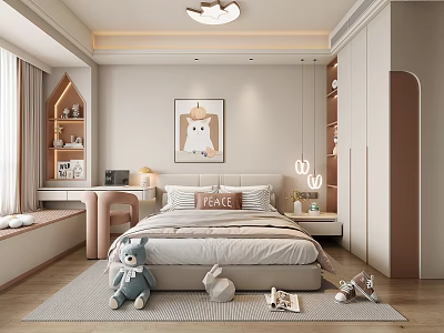 Modern Bedroom Interior With Bed Stuffed Toys Cat Painting Bookshelf And Rug 3d model