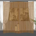 Chinese Style Bamboo Room Divider With Vertical Slats And Landscape Painting Panels