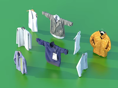Hanging Clothes Featuring White Shirts Gray Jacket Blue Sweater And Yellow Coat On Green Background 3d model