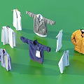 Hanging Clothes Featuring White Shirts Gray Jacket Blue Sweater And Yellow Coat On Green Background