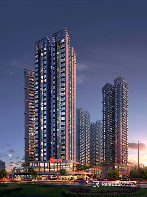 Modern Commercial Street With High Rise Buildings Shops And Night Lighting 3d model 