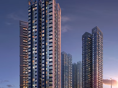 Modern Commercial Street With High Rise Buildings Shops And Night Lighting 3d model