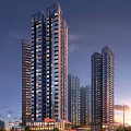 Modern Commercial Street With High Rise Buildings Shops And Night Lighting