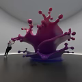 Abstract Purple Pink Splash Shaped Sculpture In Indoor Gallery With Human Figure
