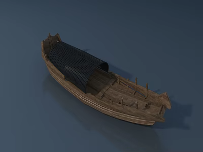 Traditional Wooden Boat With Black Canopy And Detailed Wooden Structure Design 3d model