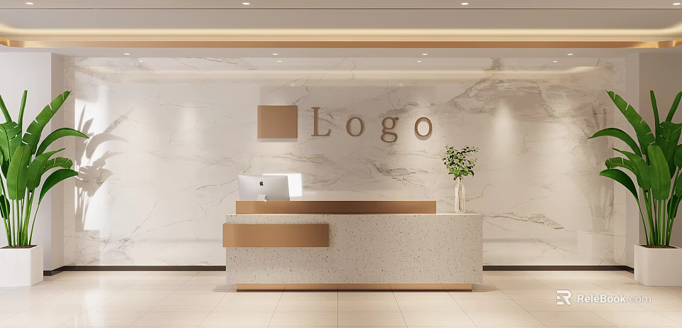 Elegant Light Luxury Office Reception Desk With Marble Logo Wall And Premium Metal Accents 3d model 