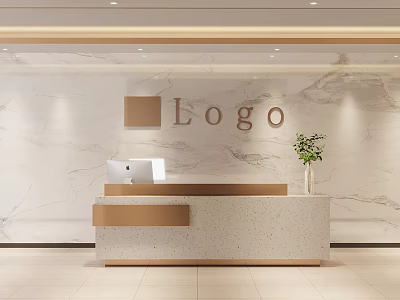 Elegant Light Luxury Office Reception Desk With Marble Logo Wall And Premium Metal Accents 3d model