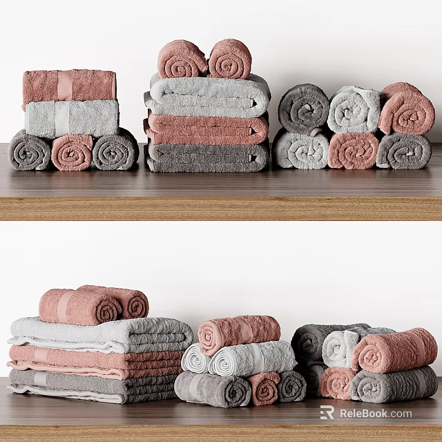 Colorful Laundry Towels Stacked And Rolled On Wooden Shelves For Daily Use 3d model 