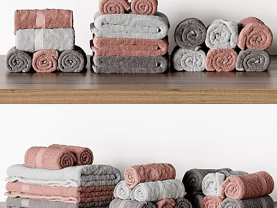 Colorful Laundry Towels Stacked And Rolled On Wooden Shelves For Daily Use 3d model