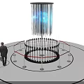 Cultural Art Exhibition Hall With Circular Platform Vertical Metal Structures And Purple Blue Light Projections
