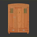 Traditional Orange Wooden Cabinet With Glass Panel Doors And Decorative Drawers