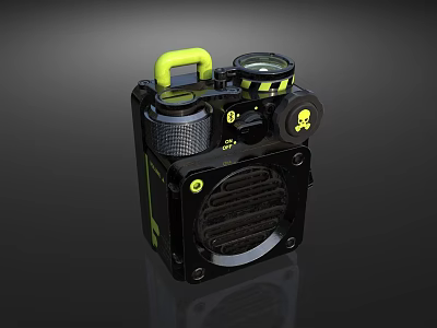 Industrial Style Headphone Speaker with Black Body Yellow Accents Skull Logo and Hazard Stripes 3d model