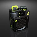 Industrial Style Headphone Speaker with Black Body Yellow Accents Skull Logo and Hazard Stripes