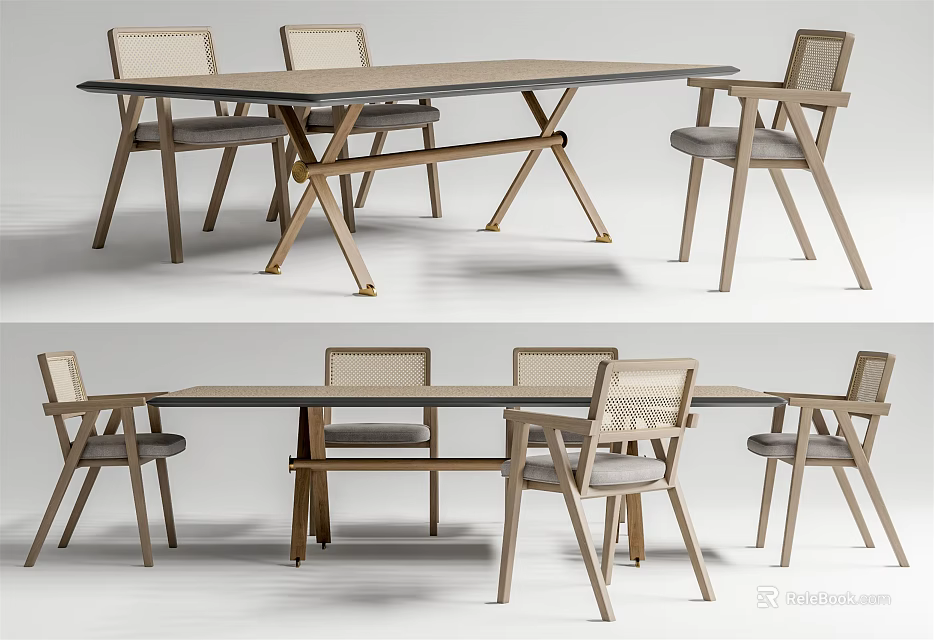 Elegant Modern Dining Table Set With Wooden Cross Legs And Woven Back Chairs 3d model 