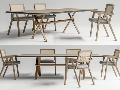 Elegant Modern Dining Table Set With Wooden Cross Legs And Woven Back Chairs 3d model