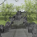 Garden Ornaments Featuring Stone Path Trees Greenery And Lantern Lights With People Walking