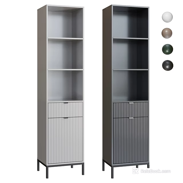 Modern Minimalist Gray Shelving Unit With Ribbed Drawer Open Shelves And Decorative Balls 3d model 