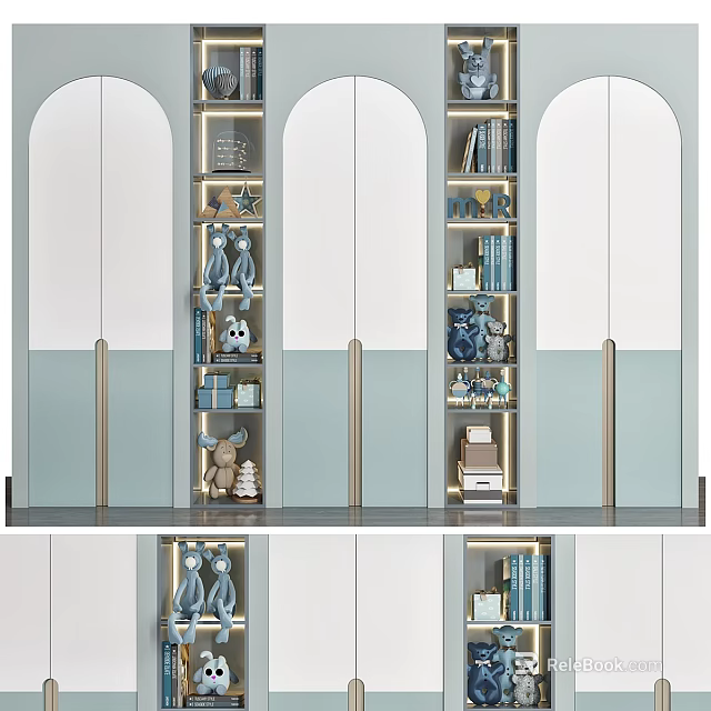 Modern White and Light Blue Wardrobe with Gold Handles Open Shelves Decorative Items and Books 3d model 