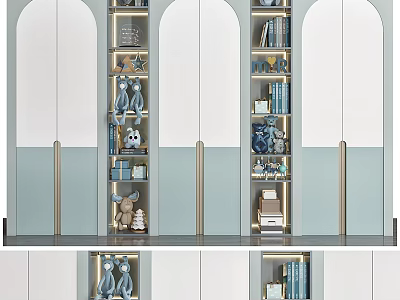 Modern White and Light Blue Wardrobe with Gold Handles Open Shelves Decorative Items and Books 3d model