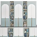 Modern White and Light Blue Wardrobe with Gold Handles Open Shelves Decorative Items and Books
