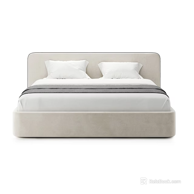Modern Beige Upholstered Double Bed With White Pillows And Gray Bed Runner 3d model