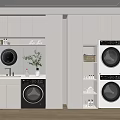 Modern White Bathroom Cabinet With Sink Washing Machine Dryer And Green Plant