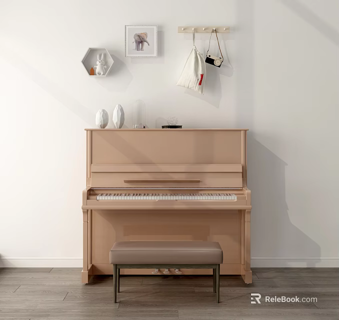 Light Pink Upright Piano And Art Supplies In Room With Wall Frames And Hexagonal Shelf 3d model 