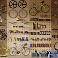 Bicycle Workshop With Multiple Bikes Mounted Wheels Tools And Parts On Wall 3d model