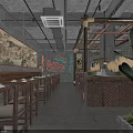 Japanese Ramen Restaurant Interior With Wooden Tables and Stools Wheat Decorations Brick Wall Hanging Lanterns