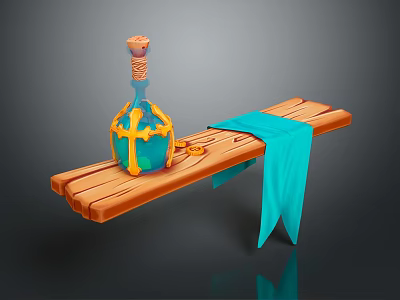 Yellow and Blue Decorative Bottle on Wooden Plank with Hanging Blue Cloth 3d model