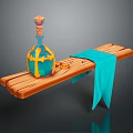 Yellow and Blue Decorative Bottle on Wooden Plank with Hanging Blue Cloth