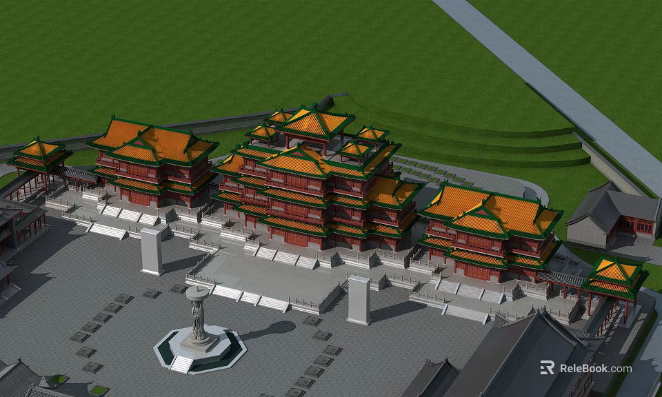 Traditional Ancient Architecture Featuring Yellow Roofs And Multi Layered Structures With Green Lawns 3d model 