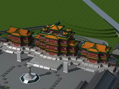 Traditional Ancient Architecture Featuring Yellow Roofs And Multi Layered Structures With Green Lawns 3d model
